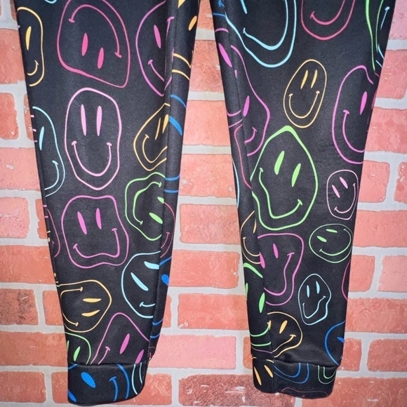 Public Record Pants L Jogger Sweats Smiley Face Graphic Black Neon Activewear - Picture 2 of 13